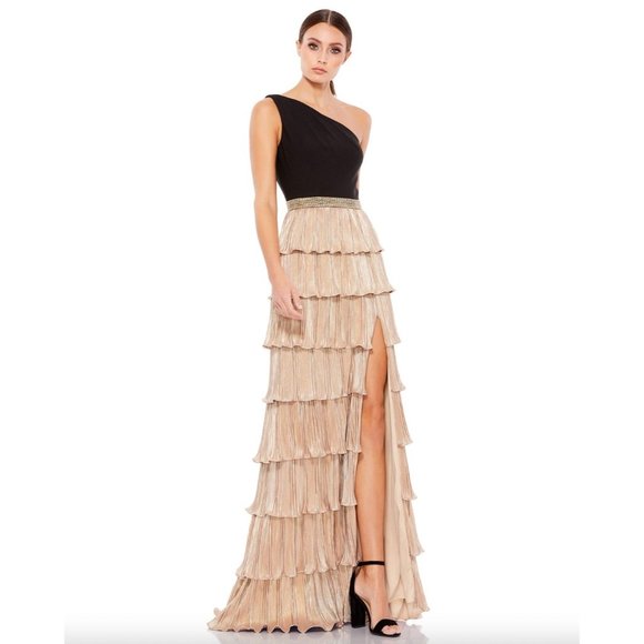MAC DUGGAL One Shoulder Layered Metallic Ruffle Tiered Maxi Dress Size 6